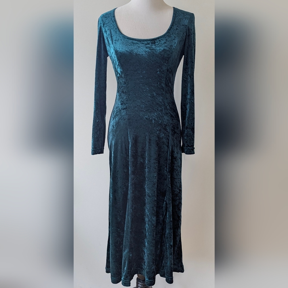 Vintage 90s Forest Green Crushed Velvet Midi Dress Small